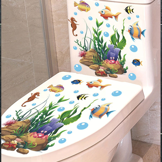 1 Pc Cute Cartoon Marine Life Toilet Sticker Funny Toilet Sticker for Bathroom Home Decoration Self Adhesive Wall Decal - Hiccupzz