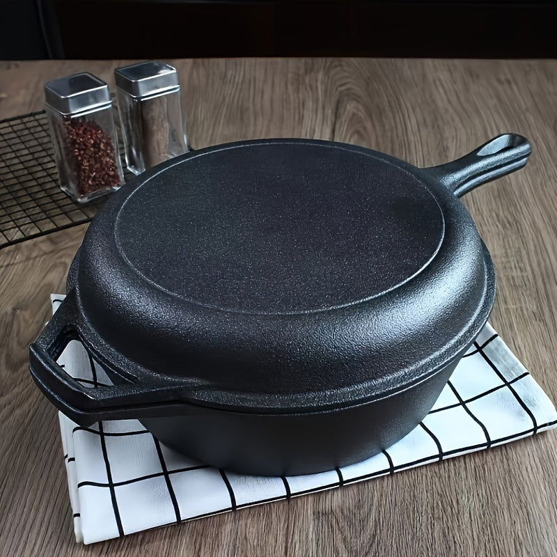 1 Pc Preseasoned Cast Iron Combo Cooker with Non-Stick Frying Pans and Heat-Resistant Handles - Perfect for Stews and More! - Hiccupzz