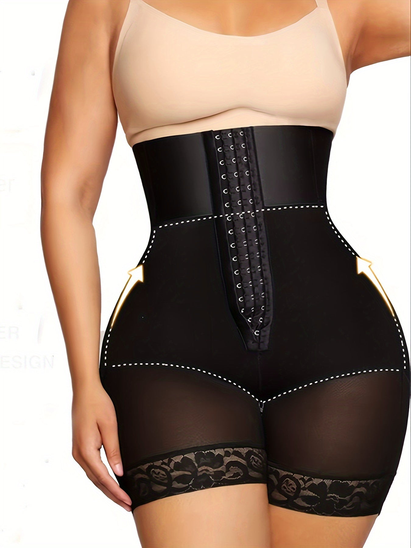 1 Pc Solid Floral Lace Contrast High Waist Front Buckle Shaping Shorts, Tummy Control Butt Lifting Shorts, Women's Underwear & Shapewear - Hiccupzz