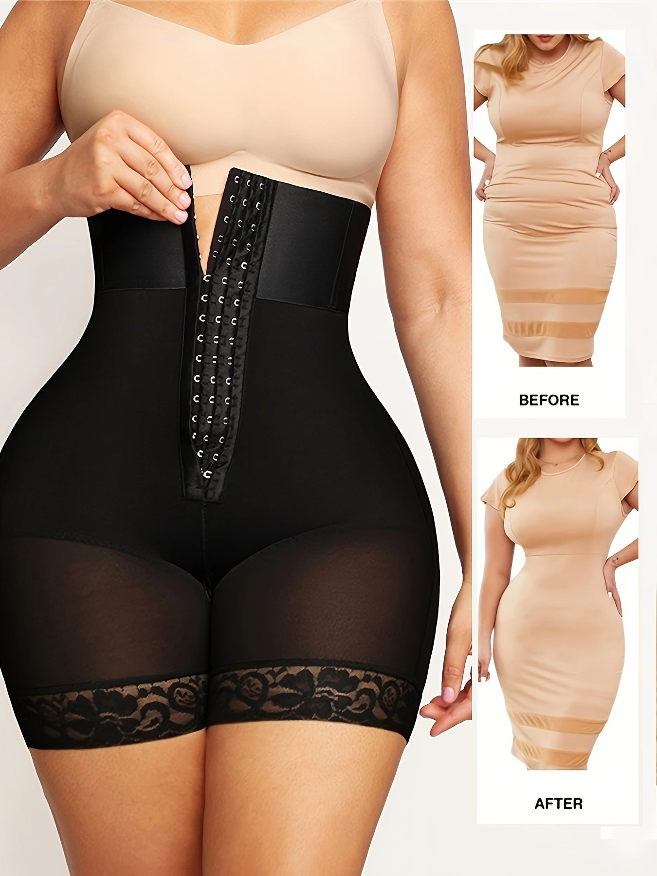 1 Pc Solid Floral Lace Contrast High Waist Front Buckle Shaping Shorts, Tummy Control Butt Lifting Shorts, Women's Underwear & Shapewear - Hiccupzz
