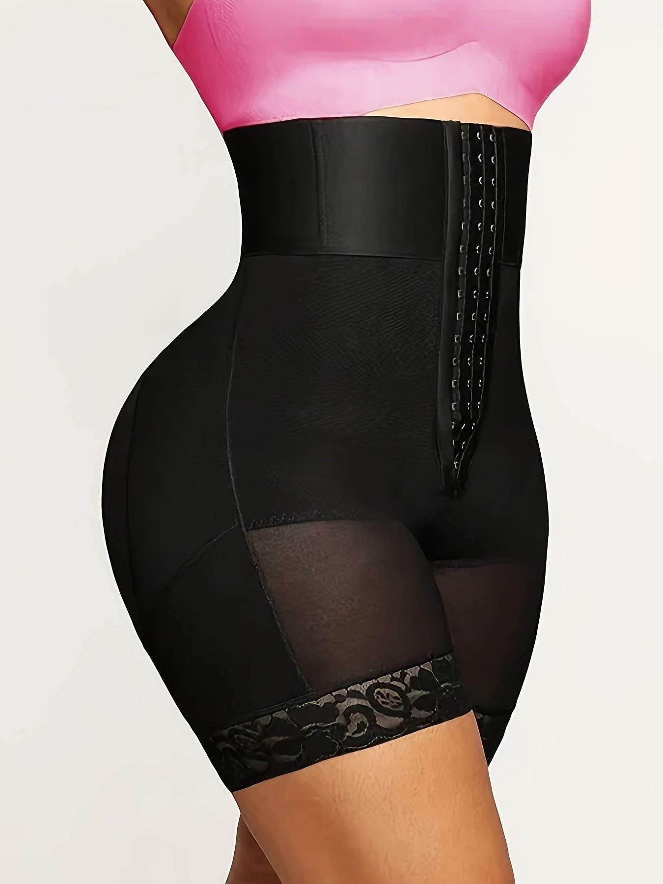 1 Pc Solid Floral Lace Contrast High Waist Front Buckle Shaping Shorts, Tummy Control Butt Lifting Shorts, Women's Underwear & Shapewear - Hiccupzz