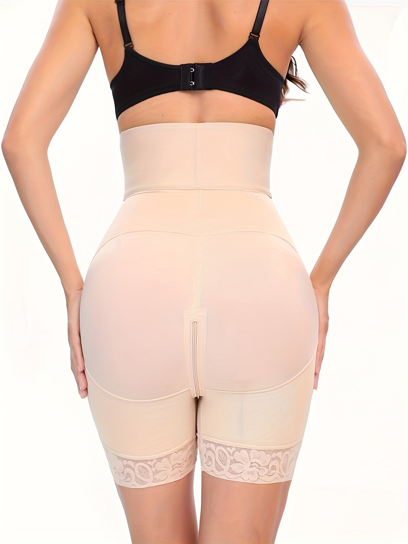 1 Pc Solid Floral Lace Contrast High Waist Front Buckle Shaping Shorts, Tummy Control Butt Lifting Shorts, Women's Underwear & Shapewear - Hiccupzz