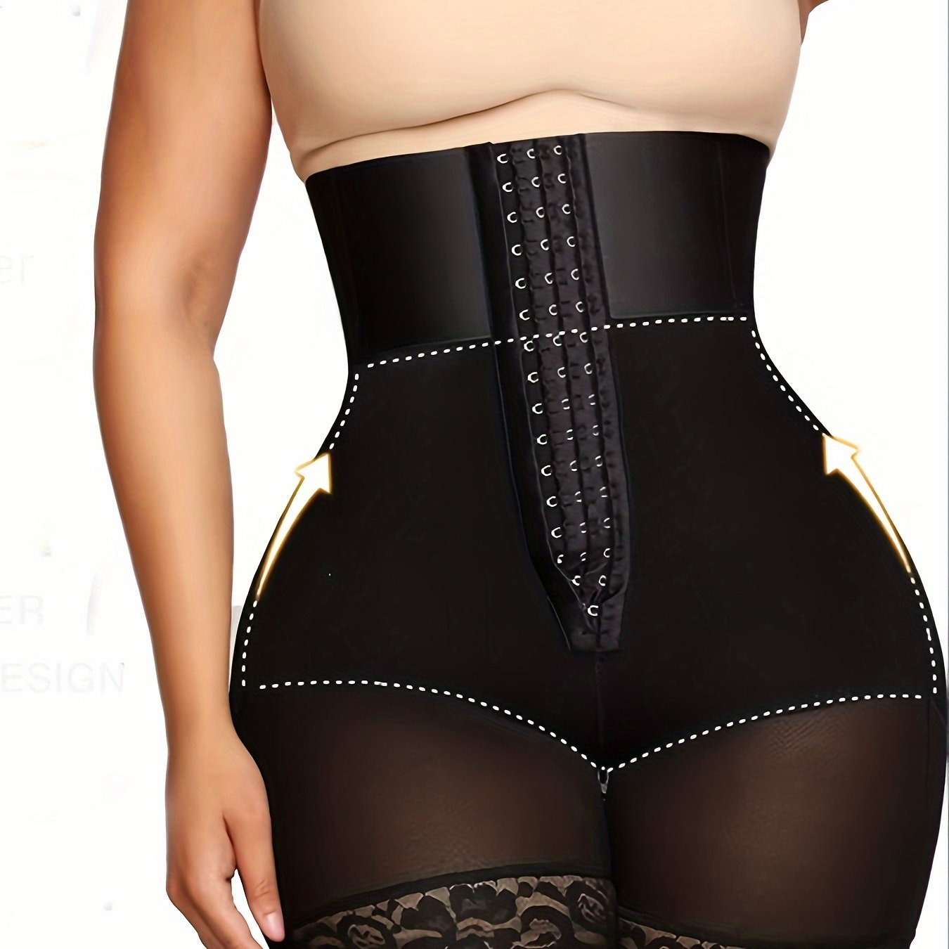 1 Pc Solid Floral Lace Contrast High Waist Front Buckle Shaping Shorts, Tummy Control Butt Lifting Shorts, Women's Underwear & Shapewear - Hiccupzz
