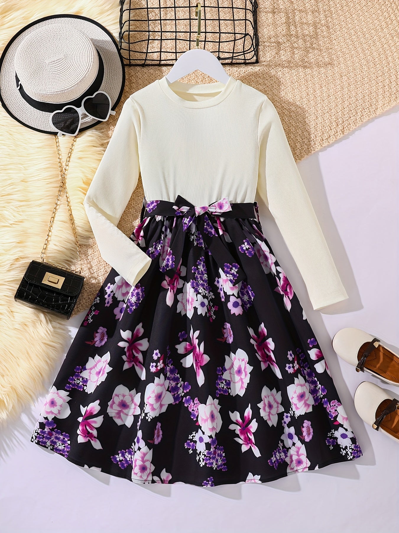 Girls' Floral Spliced Dress, Long Sleeves, Round Neck, Belted, Party Dress - Hiccupzz