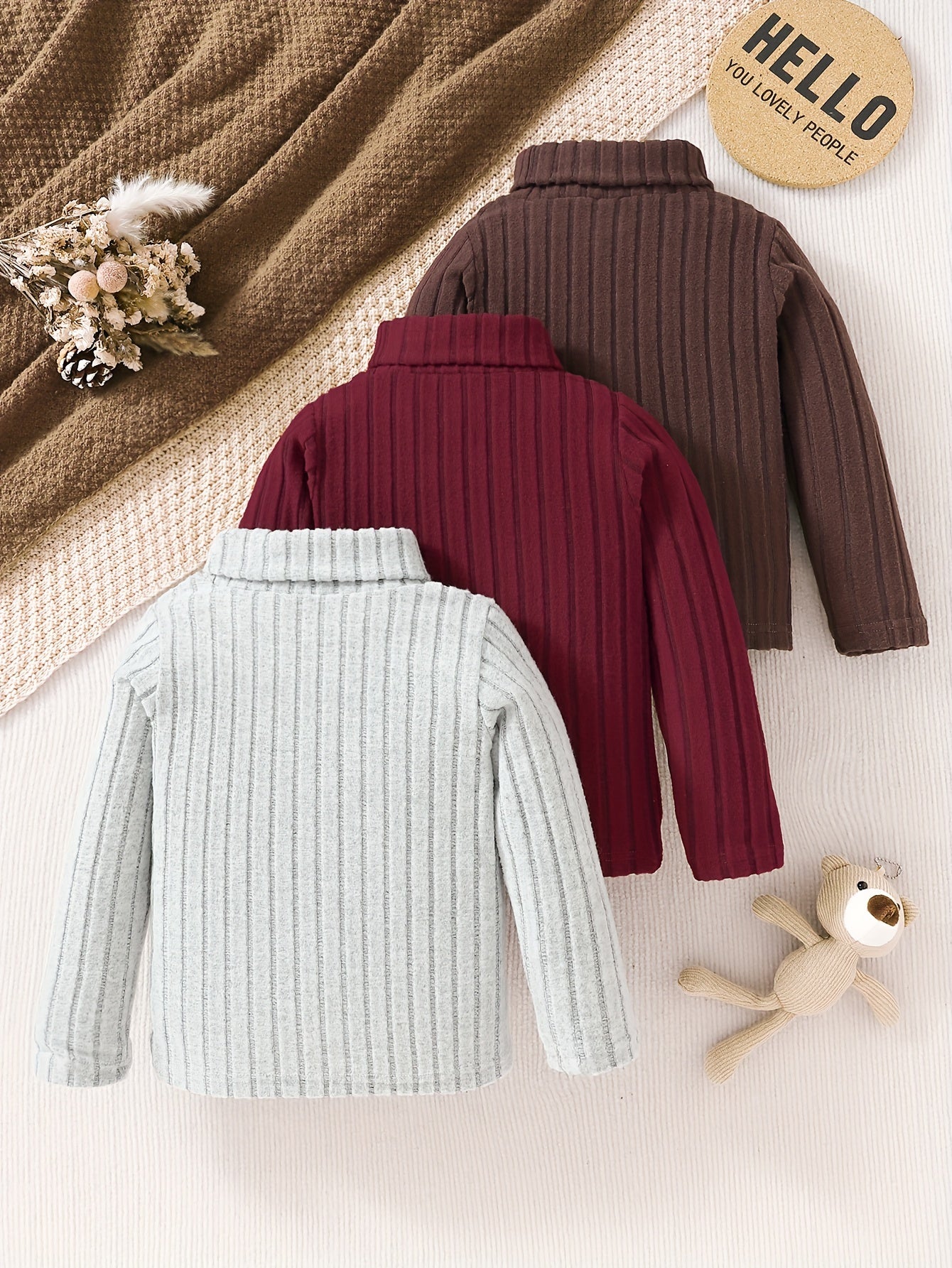 3 Pcs Kid's Solid Turtleneck Sweater, Long Sleeve, Knit Top, Fall/Winter, Gift - Hiccupzz