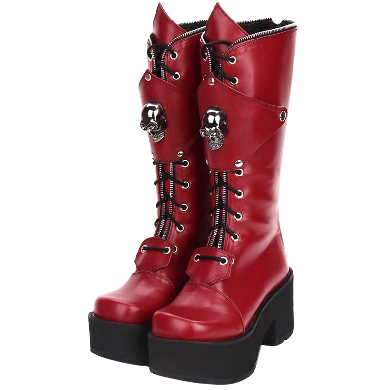 Zipper Studded Skull Punk Thick-soled High Boots - Hiccupzz