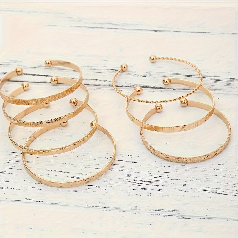Pieces/Set Retro Ethnic Style Stacking Bracelets with Engraved Textured Openings, Adjustable Iron Bracelet Combinations - Hiccupzz