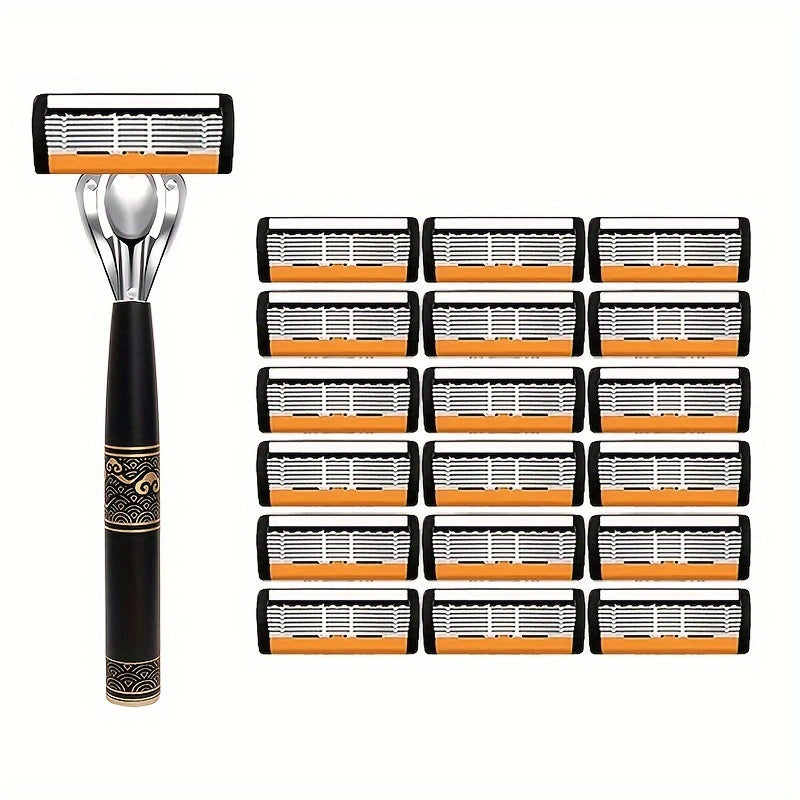 Men's Safety Shaver with Anti-Slip Stainless Steel Handle, 6-Layer Blades, 18/36 Replacement Blades Included - Hiccupzz