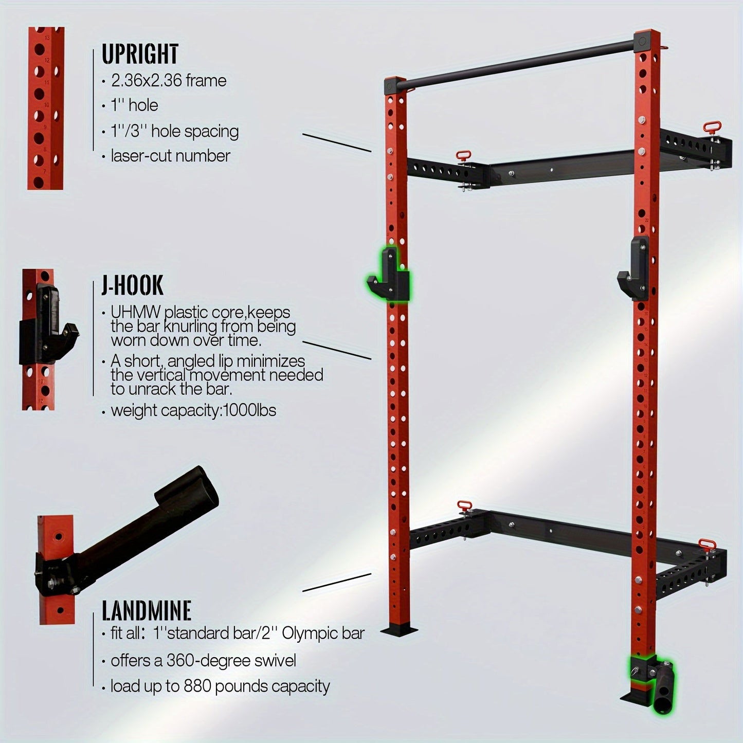 2.36" X 2.36" Folding Wall-Mounted Squat Rack, 800lbs Capacity with Pull-Up Bar & Attachments - Hiccupzz