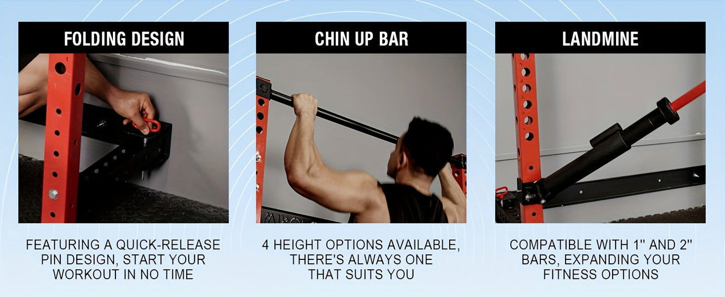 2.36" X 2.36" Folding Wall-Mounted Squat Rack, 800lbs Capacity with Pull-Up Bar & Attachments - Hiccupzz