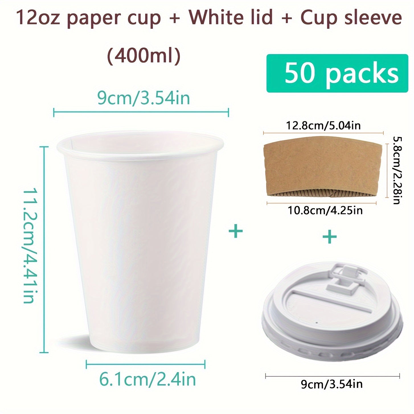 50-Pack Disposable Coffee Cups with Lids & Sleeves - 12/16 oz Eco-Friendly White Paper Cups, Black Lids for Hot Drinks, Tea, or Chocolate - Hiccupzz