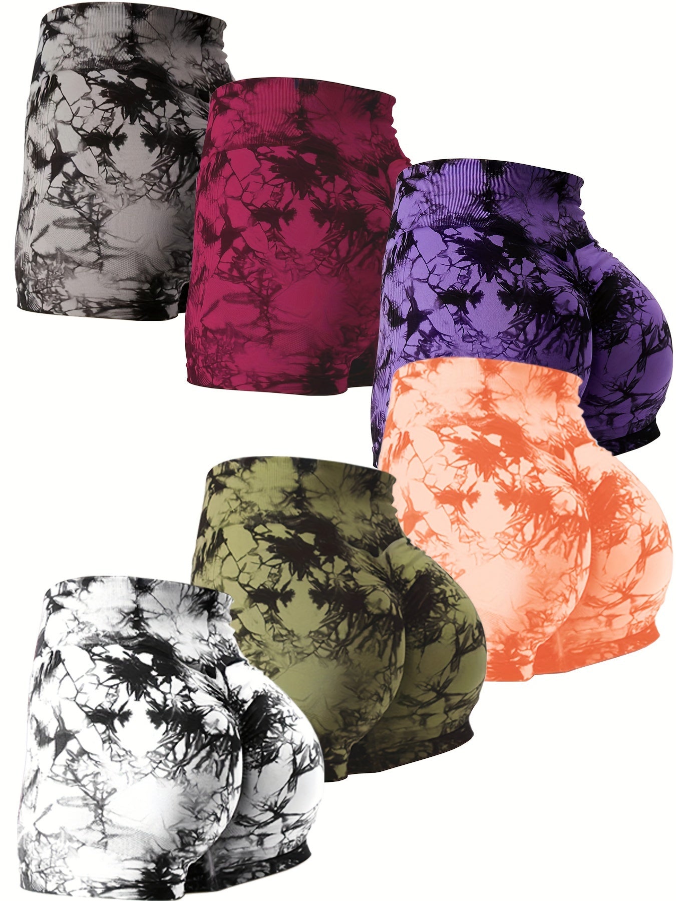 6 Piece Tie Dye Workout Shorts For Women, Scrunch Butt Lifting High Waisted Yoga Gym Seamless Booty Biker Shorts, Women's Activewear - Hiccupzz