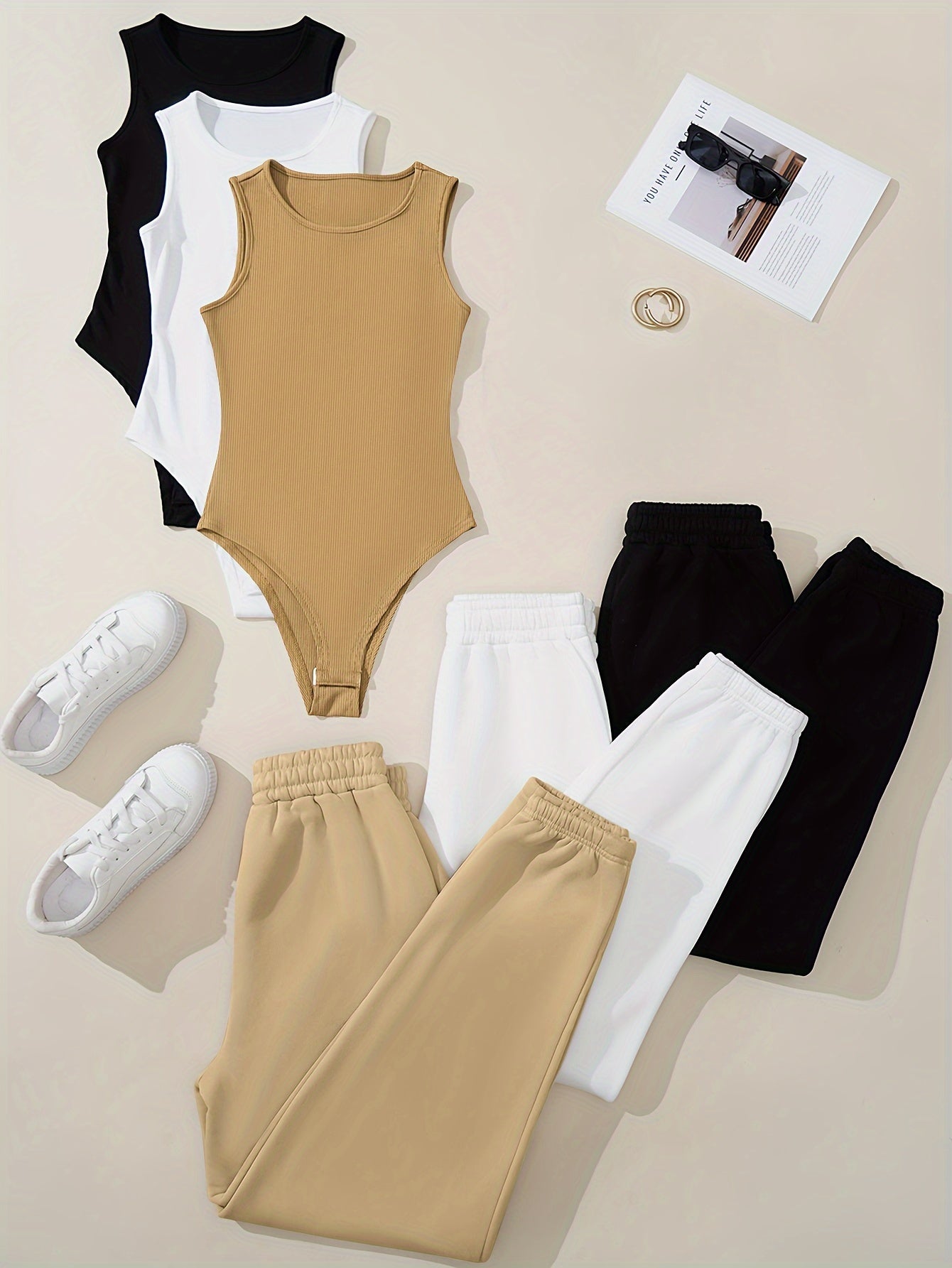 3 Sets Solid Two-piece Sets, Crew Neck Ribbed Tank Bodysuit & Elastic Waist Joggers Outfits, Women's Clothing - Hiccupzz