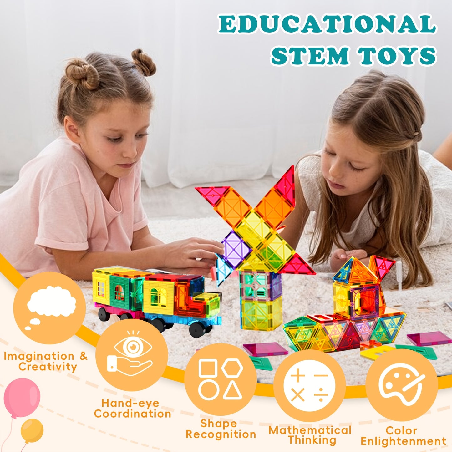 136 Pcs Magnetic Blocks with 2 Cars, Magnetic Tiles 3D Clear Building Blocks Set, STEM Sensory Educational Toys for Toddlers and Kids (3-9+ Years Old)