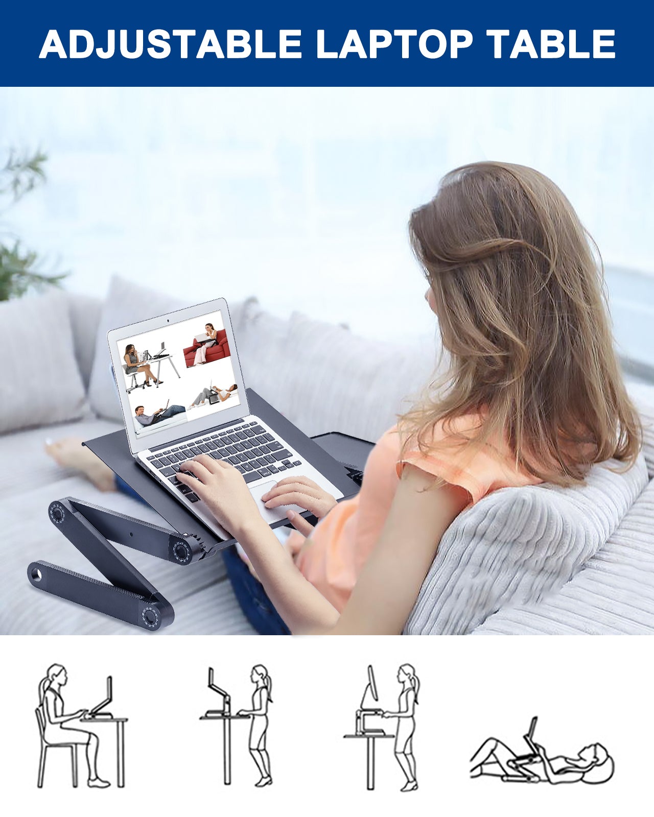 Adjustable Laptop Stand, RAINBEAN Laptop Desk with 2 CPU Cooling USB Fans for Bed Aluminum Lap Workstation Desk with Mouse Pad, Foldable Cook Book Stand Notebook Holder Sofa,Amazon Banned - Hiccupzz