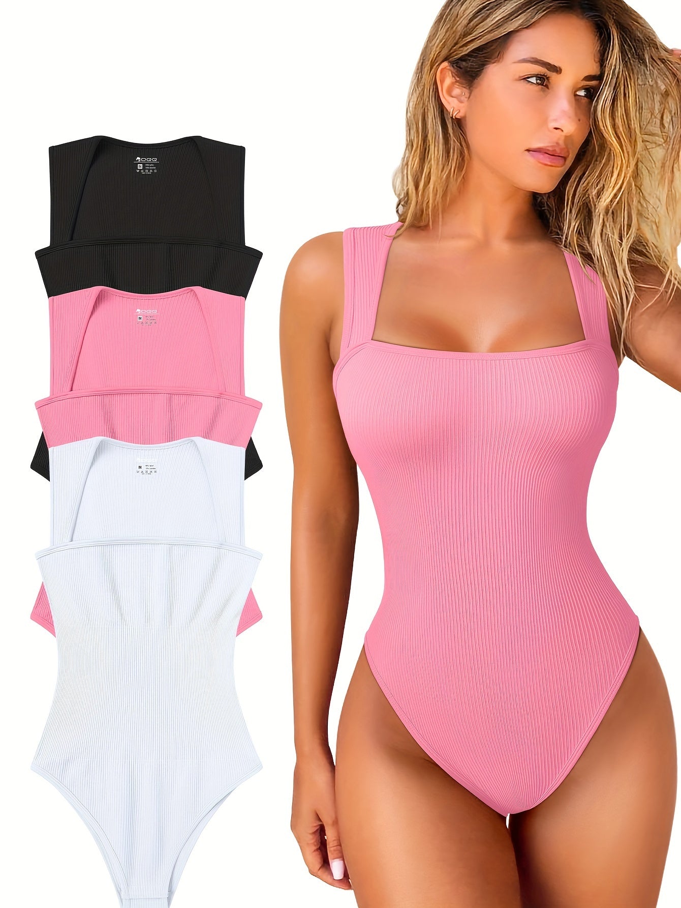 OQQ 3 Piece Bodysuits For Women Sexy Ribbed Strappy Square Neck Stretch Tank Tops Bodysuits - Hiccupzz