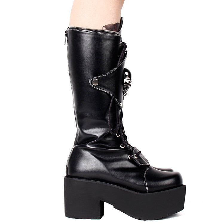 Zipper Studded Skull Punk Thick-soled High Boots - Hiccupzz