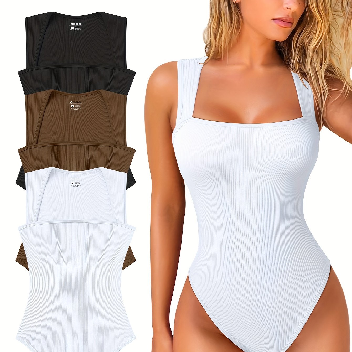 OQQ 3 Piece Bodysuits For Women Sexy Ribbed Strappy Square Neck Stretch Tank Tops Bodysuits - Hiccupzz