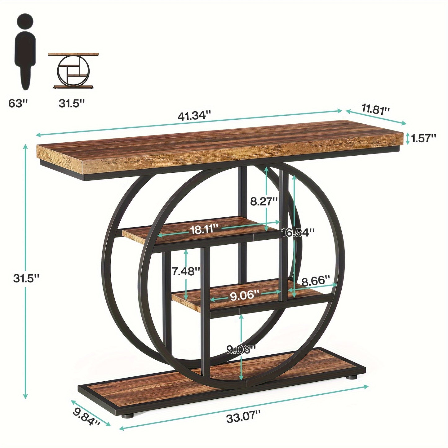 41.3" Console Table, 4-Tier Entryway Sofa Table with Circle Base, Rustic Brown Accent Table for Living Room & Hallway