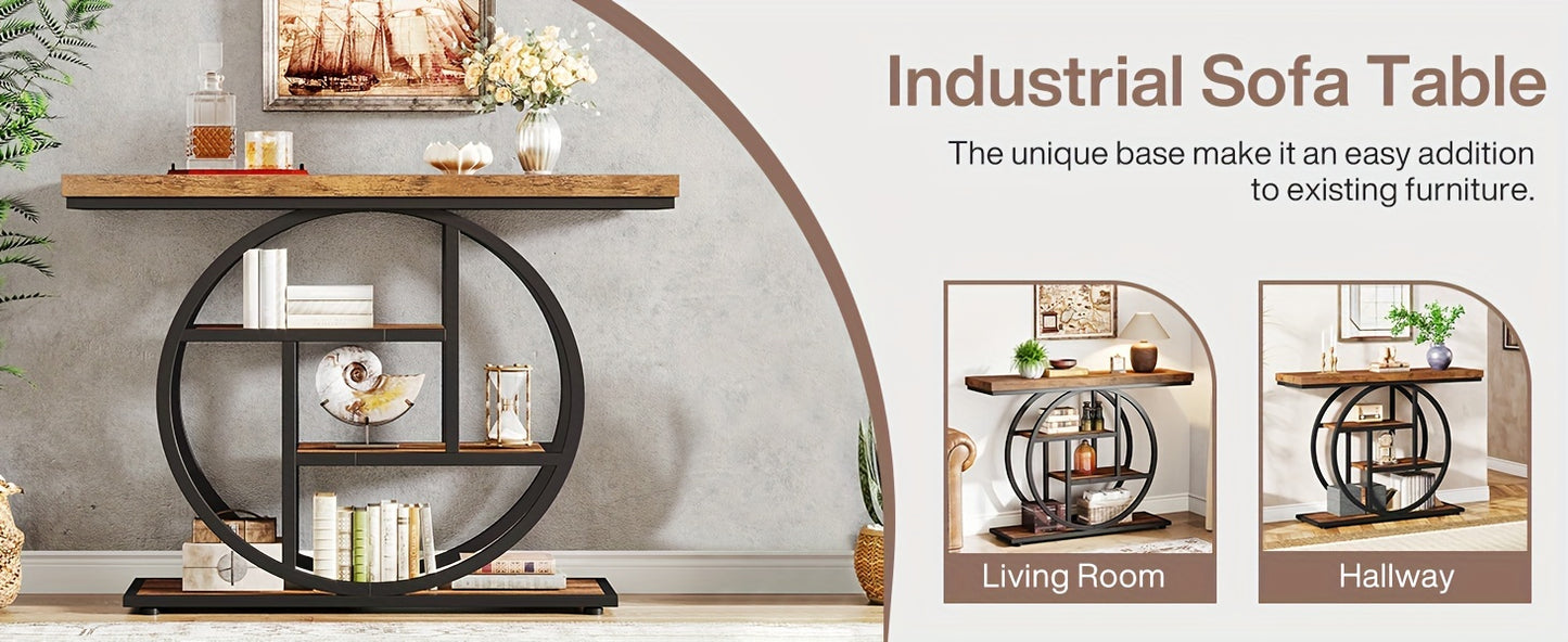41.3" Console Table, 4-Tier Entryway Sofa Table with Circle Base, Rustic Brown Accent Table for Living Room & Hallway