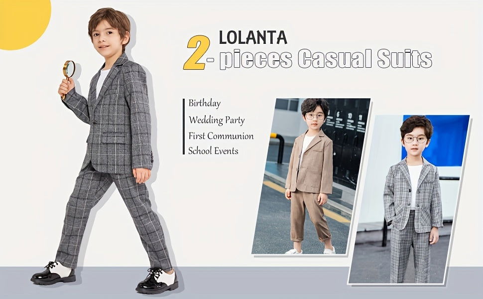 2 Pcs Boy's Tartan Pattern Gentleman Outfit, Suit Jacket & Pants Set, Formal Wear for Speech Performance Birthday Party, Kid's Clothes - Hiccupzz