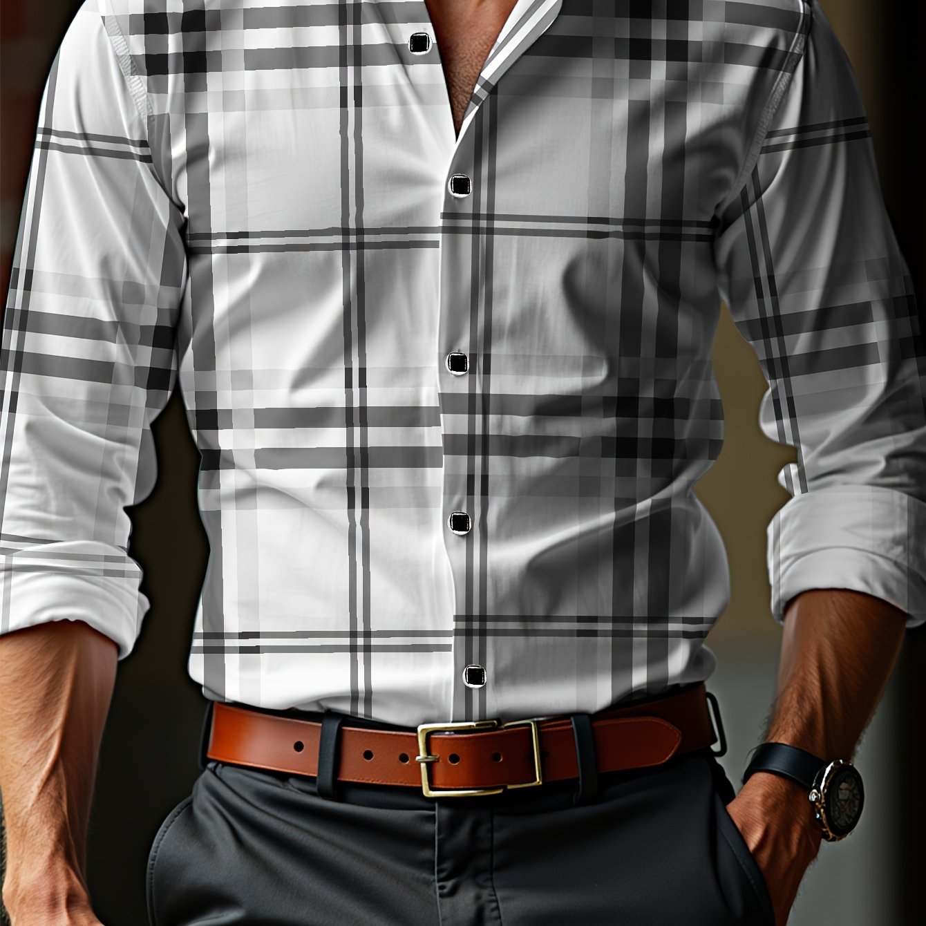 Slim Fit Plaid Button-Down Shirt with Hexagon Buttons and Silver Edging, Men's Preppy Casual Style - Hiccupzz