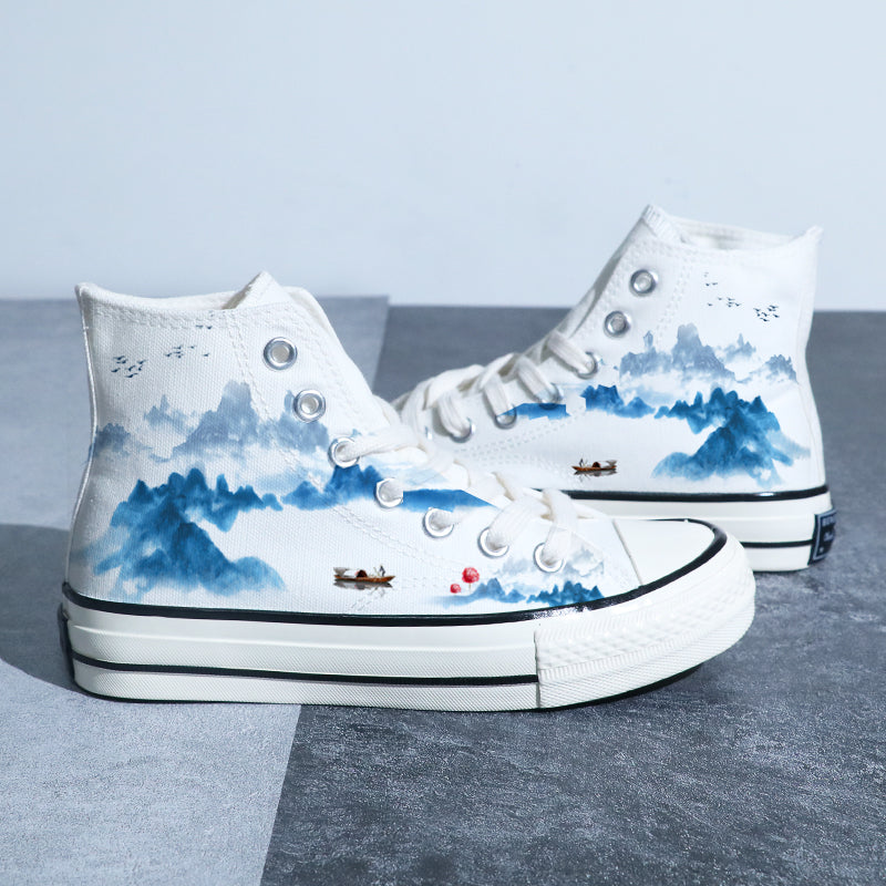 Chinese Style Canvas Shoes Retro Landscape Painting Lotus Pond Bamboo Forest Student High-top Board Shoe - Hiccupzz