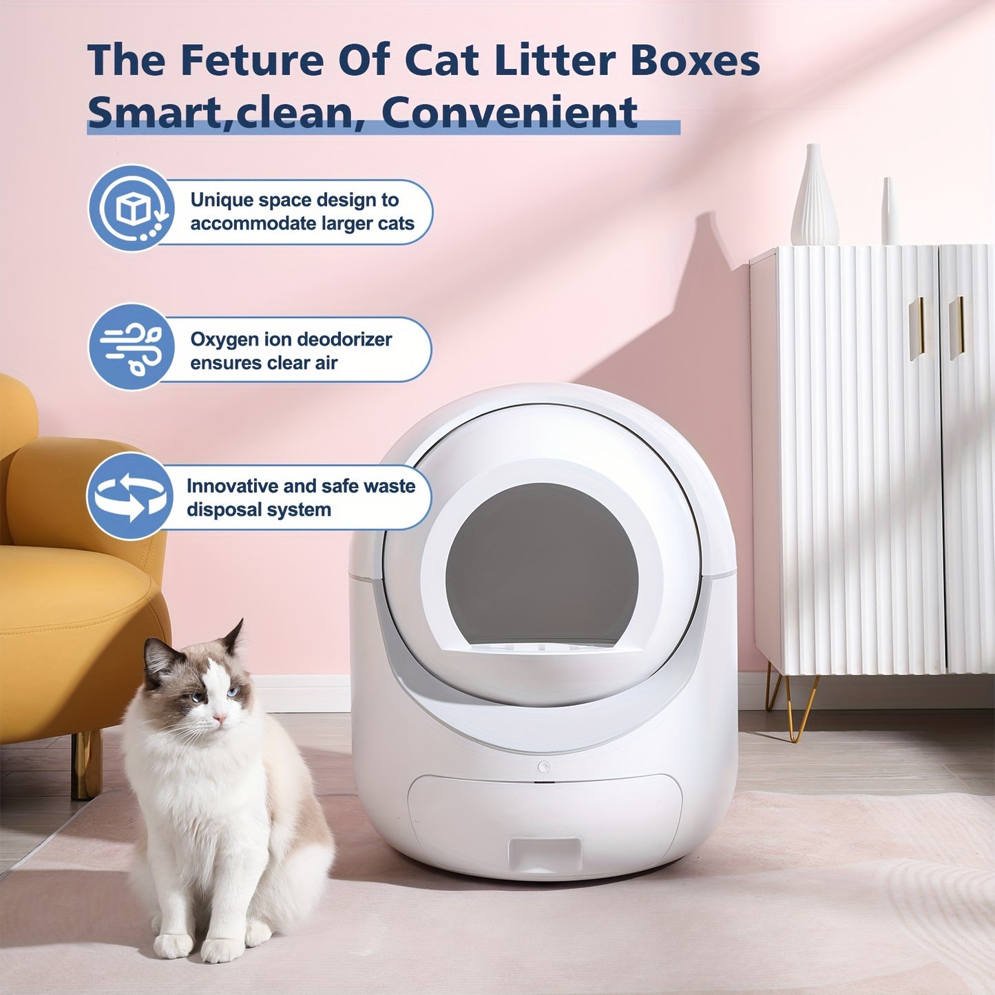 Self-Cleaning Cat Litter Box with Mat & Liners, 70L Capacity, APP-Controlled, Ideal for Multiple Cats - White - Hiccupzz