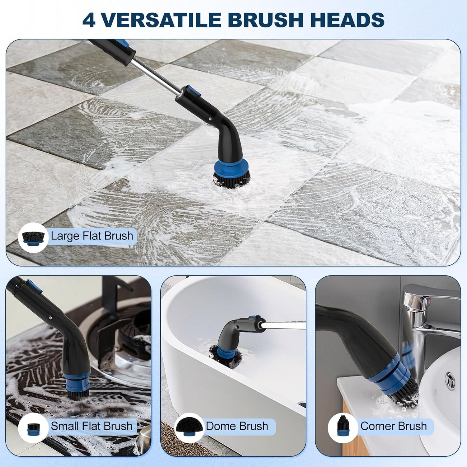 Electric Spin Scrubber, Cordless Cleaning Brush With 4 Replaceable Brush Heads And Adjustable Extension Handle Power Shower Scrubber For Bathroom, Kitchen, Tub, Tile, Floor - Hiccupzz