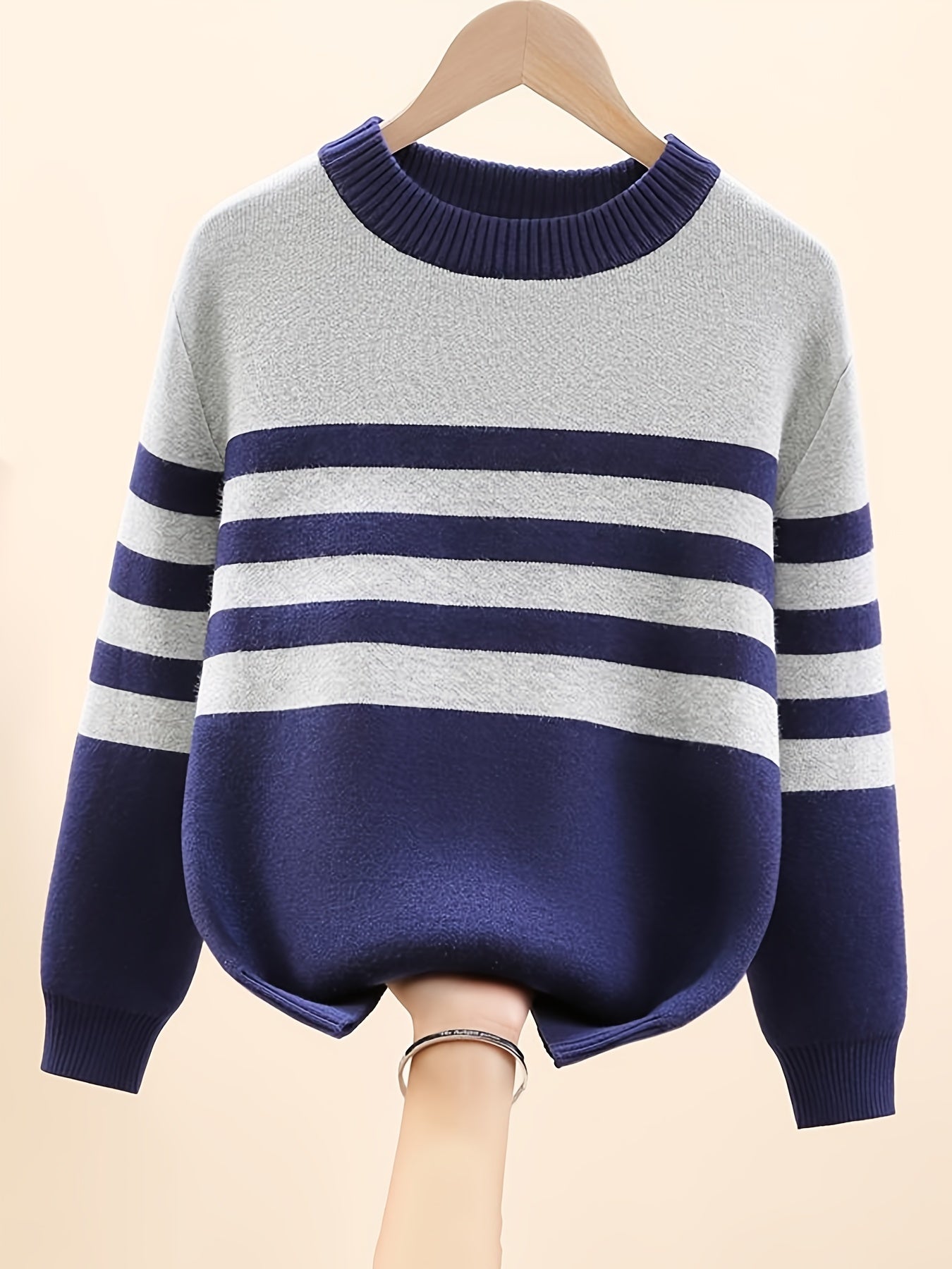 Boys Striped Thick Sweater Round Neck Long Sleeve Stretch Warm Knit Pullover Top Kids Clothes Outdoor - Hiccupzz