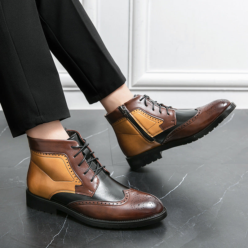 Men's High-top Leather Shoes Tide Contrast Color Casual - Hiccupzz