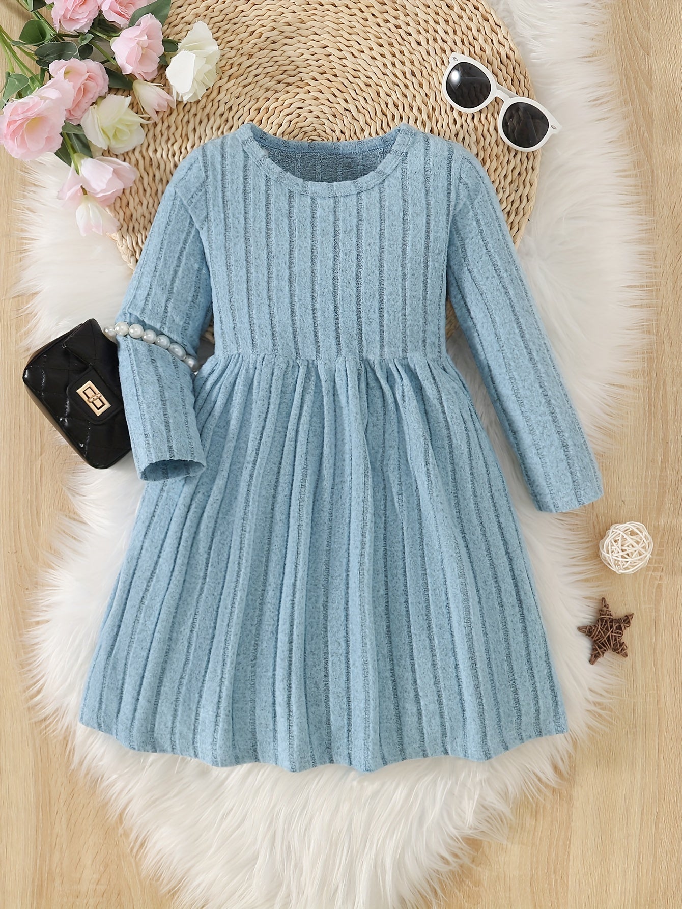 Girls Solid Color Dress, Simple Versatile, Round Neck, Long Sleeve - Hiccupzz