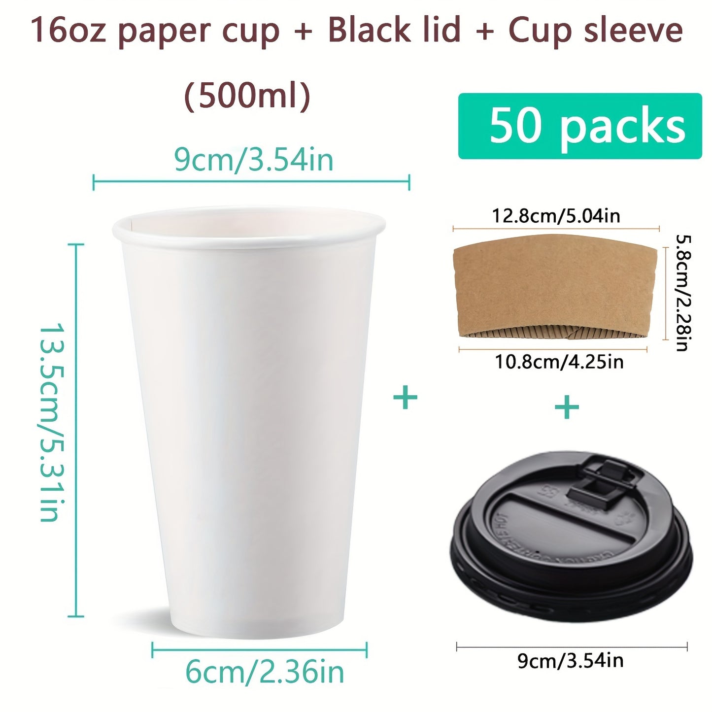50-Pack Disposable Coffee Cups with Lids & Sleeves - 12/16 oz Eco-Friendly White Paper Cups, Black Lids for Hot Drinks, Tea, or Chocolate - Hiccupzz