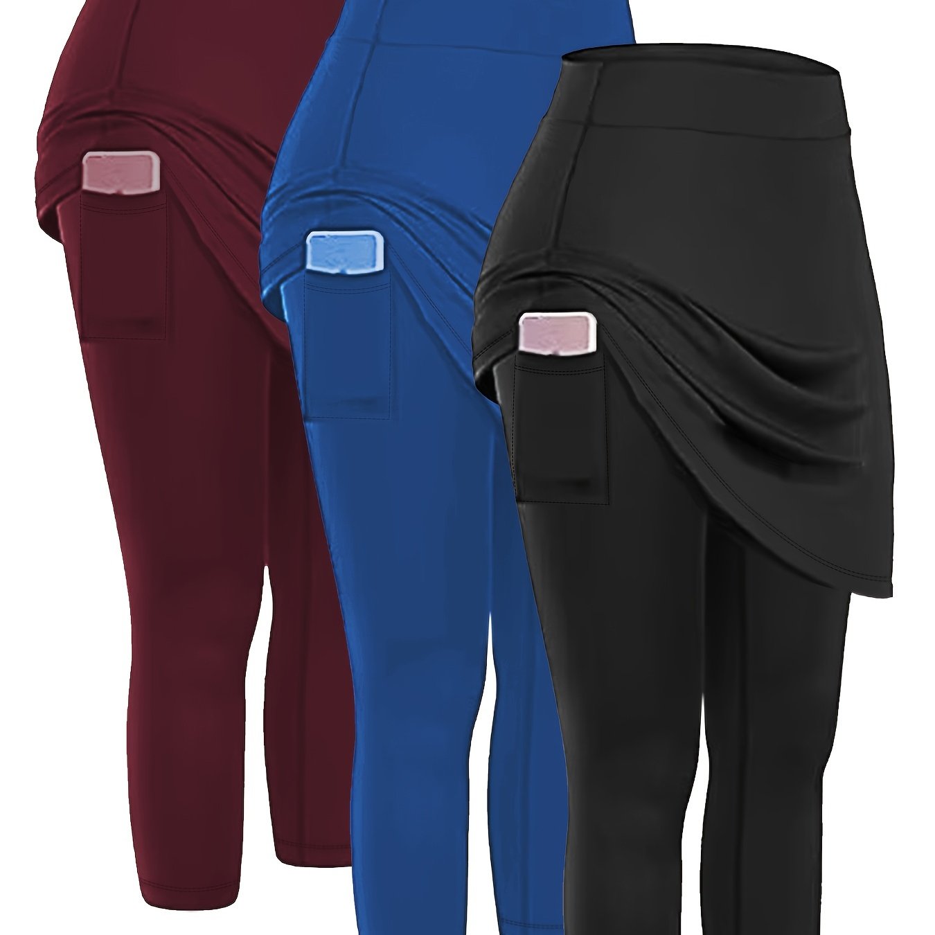 3pack 3pcs Women's Plus Size Sports Leggings with Phone Pockets and Skirt - Medium Stretch Yoga and Running Pants Set - Hiccupzz
