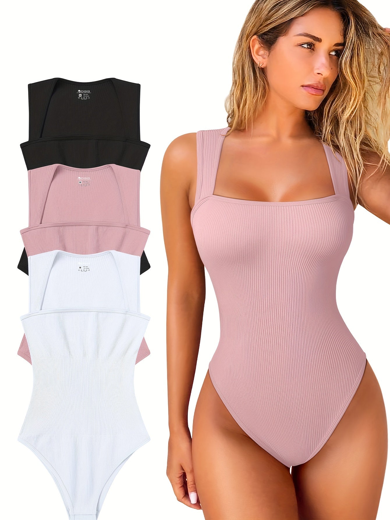 OQQ 3 Piece Bodysuits For Women Sexy Ribbed Strappy Square Neck Stretch Tank Tops Bodysuits - Hiccupzz