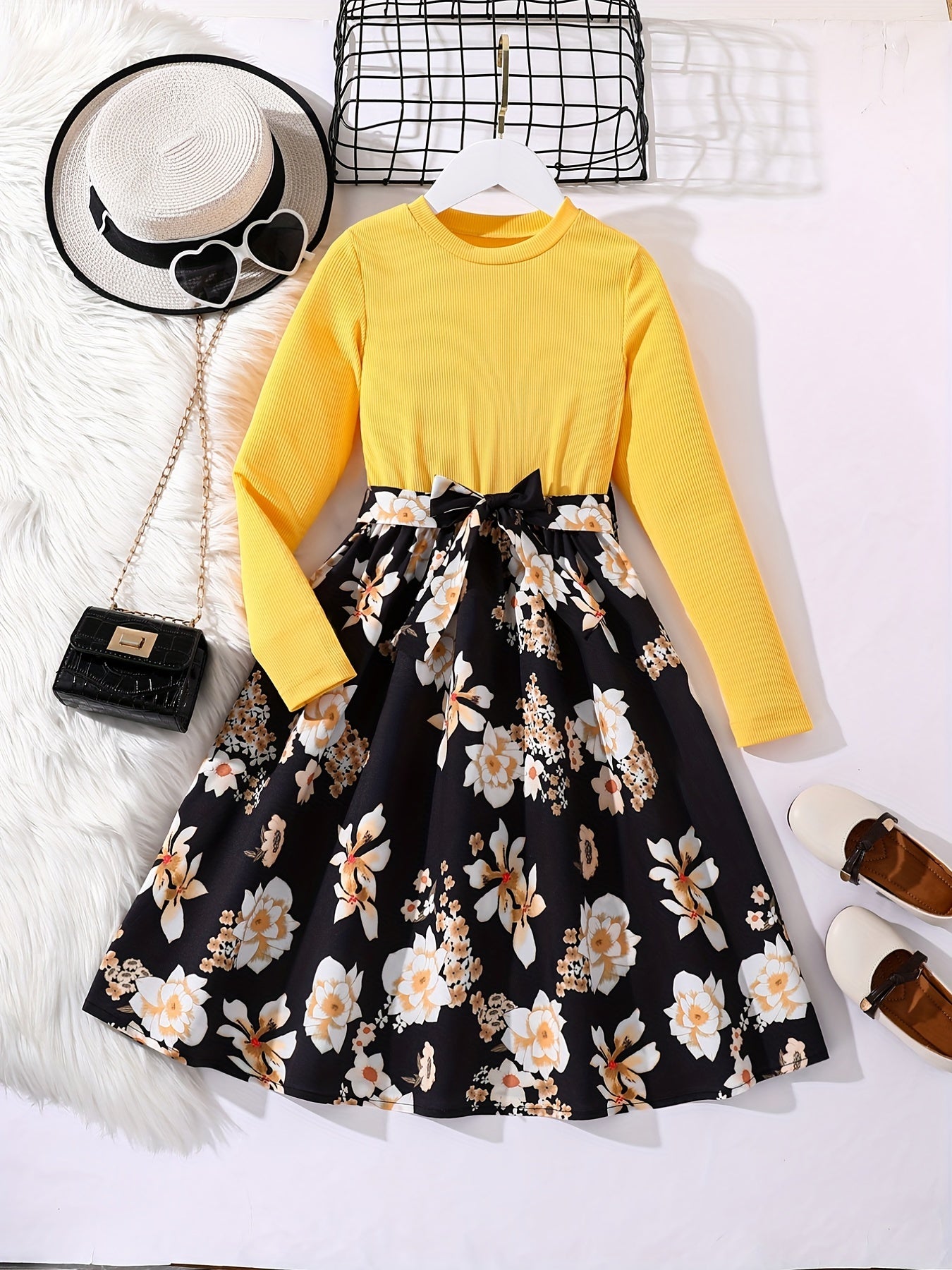 Girls' Floral Spliced Dress, Long Sleeves, Round Neck, Belted, Party Dress - Hiccupzz