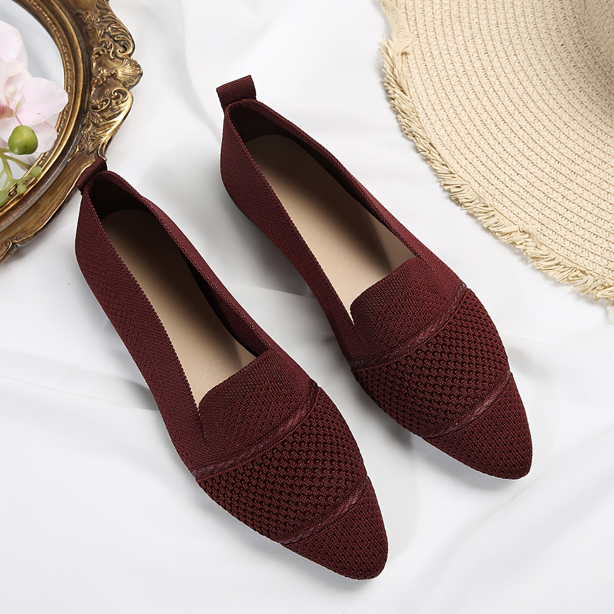 Women's Minimalist Slip-On Knitted Flats, Point Toe, Soft Sole Ballets, Lightweight Comfort - Hiccupzz