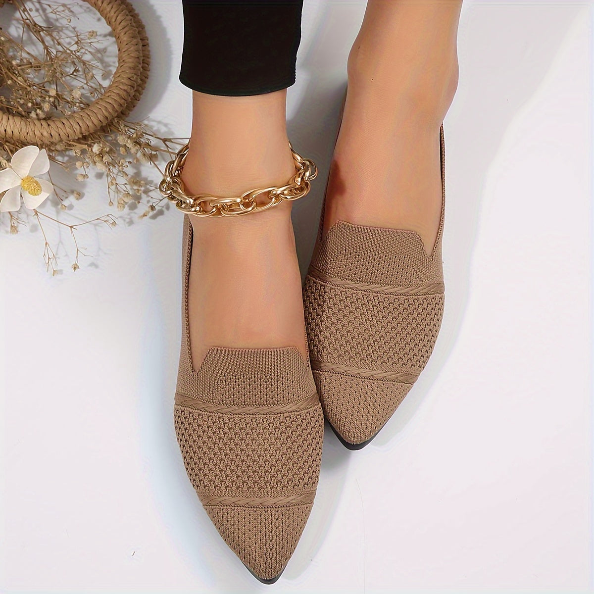 Women's Minimalist Slip-On Knitted Flats, Point Toe, Soft Sole Ballets, Lightweight Comfort - Hiccupzz