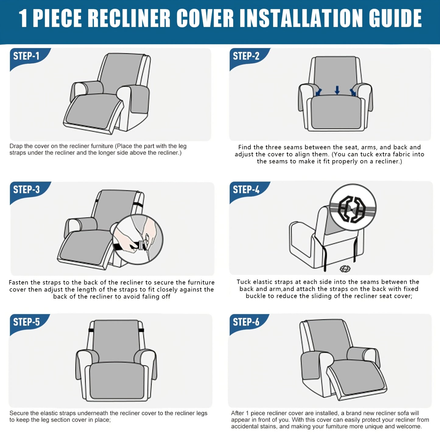 1 Pc Waterproof Recliner Chair Cover, Non-Slip, With Pocket, Washable, Furniture Protector for Pets, Easy Install & Care