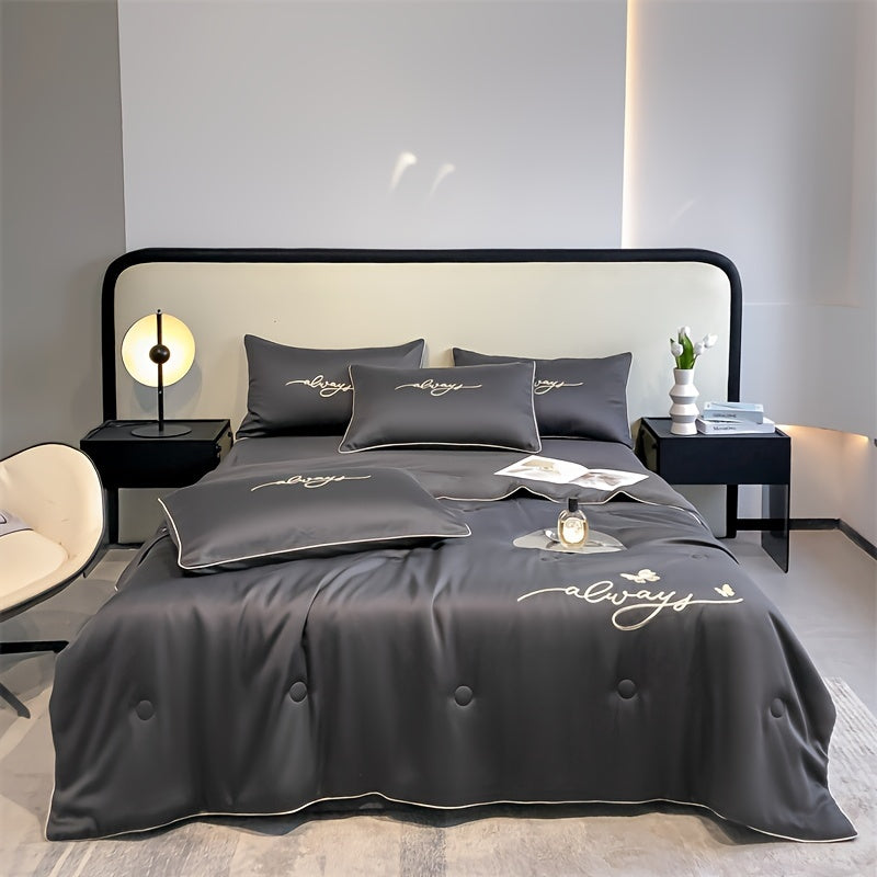 Luxury Embroidered Ice Silk Summer Quilt - Cooling, Lightweight Bedding For All Seasons, Machine Washable (Pillowcase Not Included) - Hiccupzz
