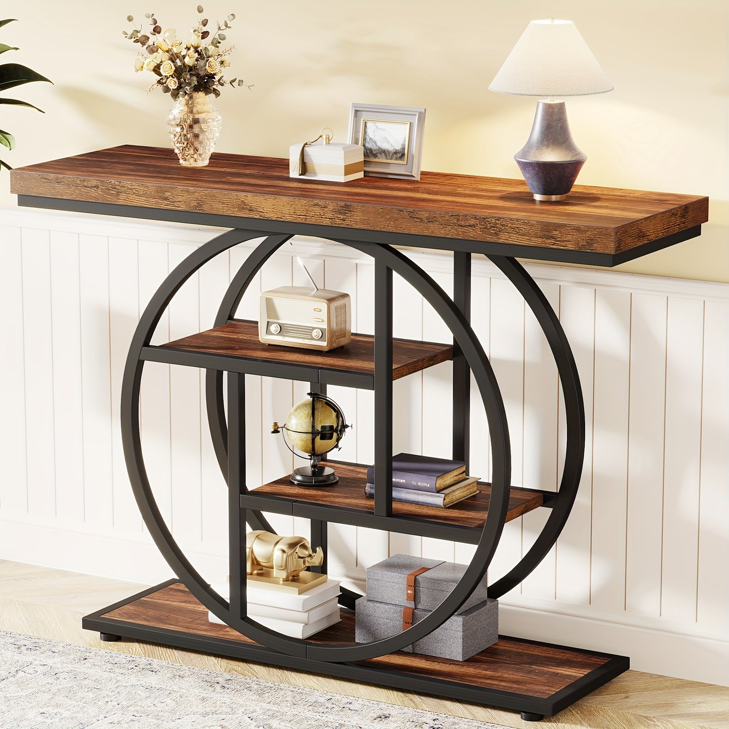 41.3" Console Table, 4-Tier Entryway Sofa Table with Circle Base, Rustic Brown Accent Table for Living Room & Hallway