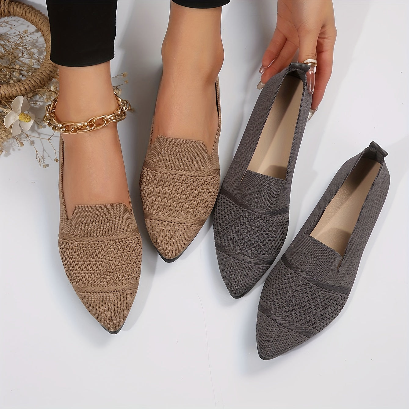 Women's Minimalist Slip-On Knitted Flats, Point Toe, Soft Sole Ballets, Lightweight Comfort - Hiccupzz
