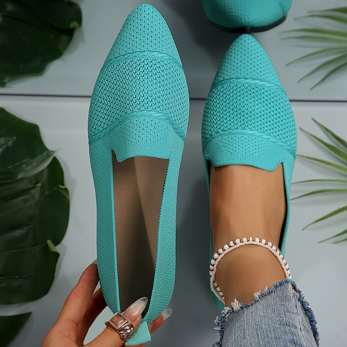 Women's Minimalist Slip-On Knitted Flats, Point Toe, Soft Sole Ballets, Lightweight Comfort - Hiccupzz
