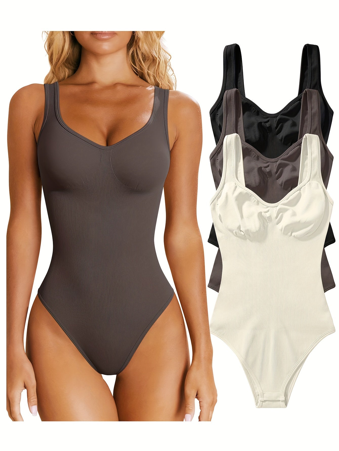 OQQ Women's 3 Piece Bodysuits Sexy Ribbed Sleeveless Shapewear Tank Tops Bodysuits - Hiccupzz