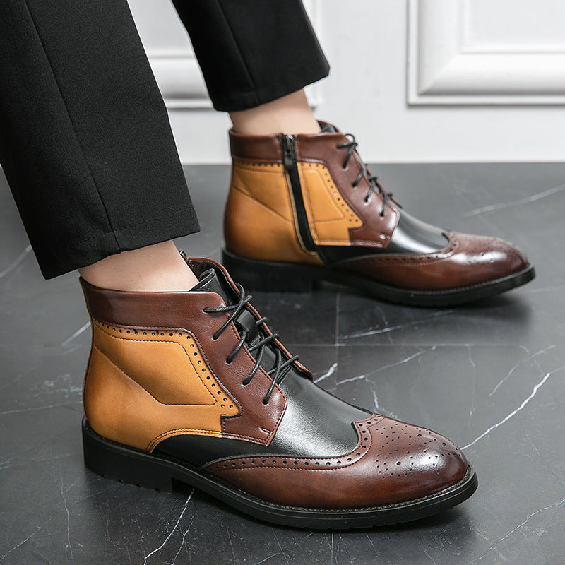 Men's High-top Leather Shoes Tide Contrast Color Casual - Hiccupzz
