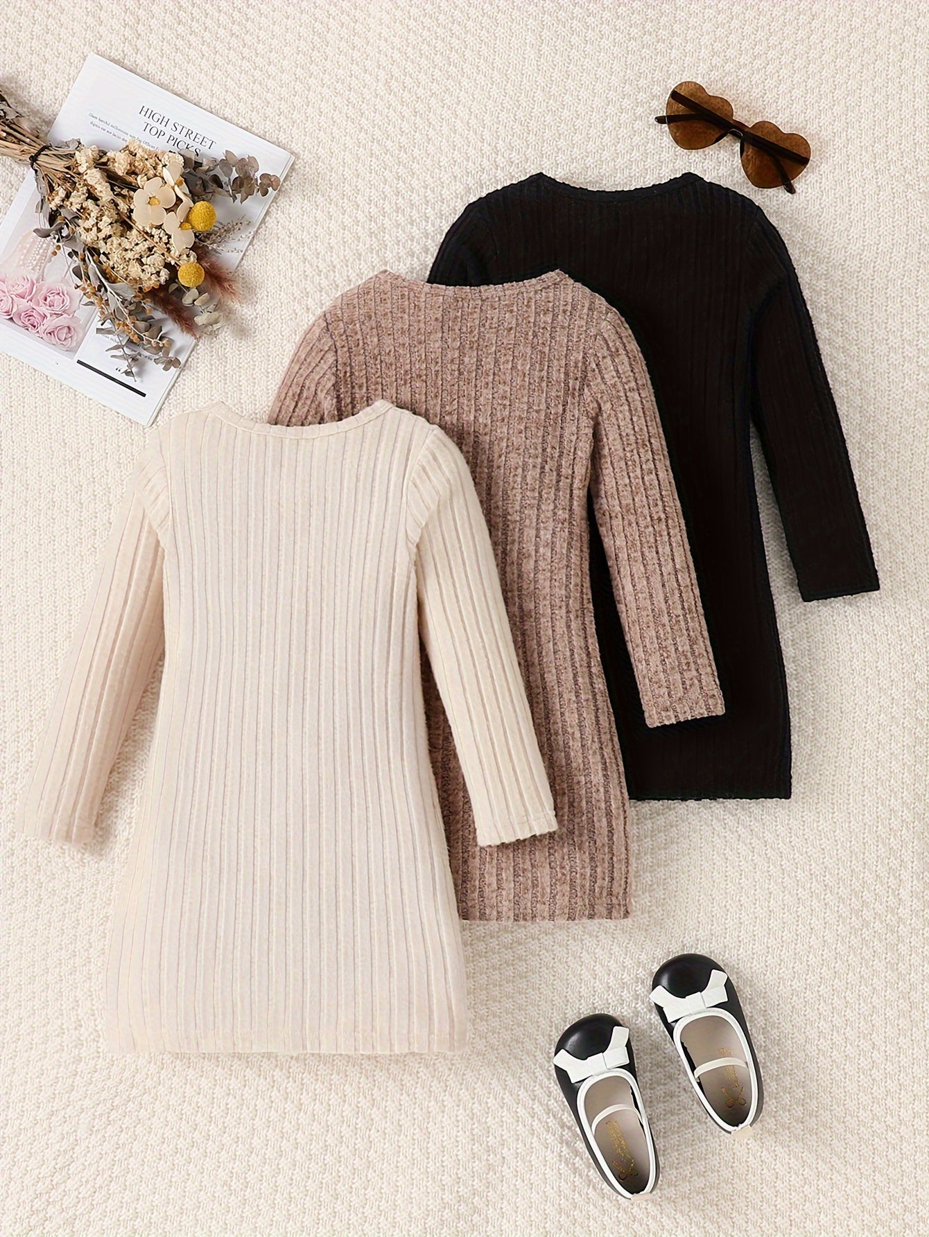 3 Pcs Girls Ribbed Knit Dress Set, Comfy & Elegant, Spring/Fall Dresses - Hiccupzz