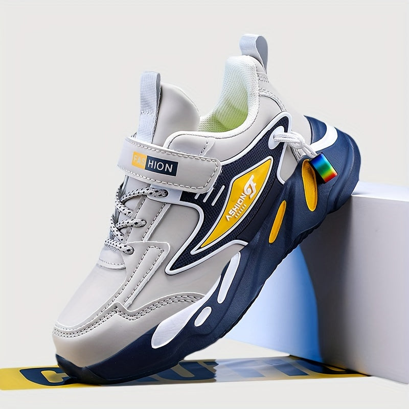 Boys' Sports Casual Running Shoes, Lightweight Microfiber Leather with Hook & Loop, Round Toe, EVA Sole, Striped All-Season Sneakers. - Hiccupzz