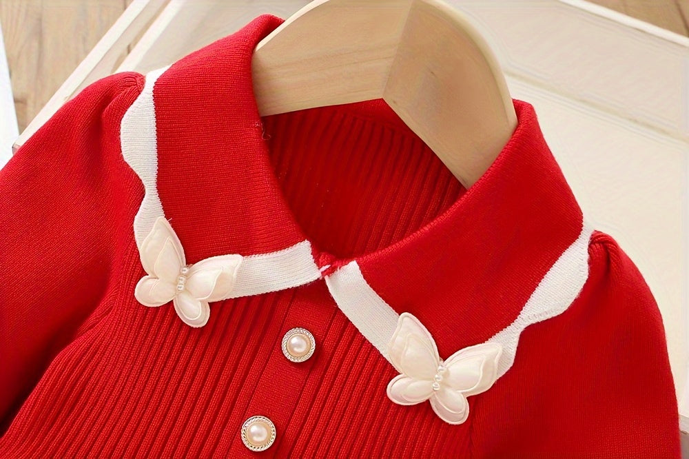 Girls Knit Dress, Color Contrast Butterfly Design, Warm and Cute - Hiccupzz