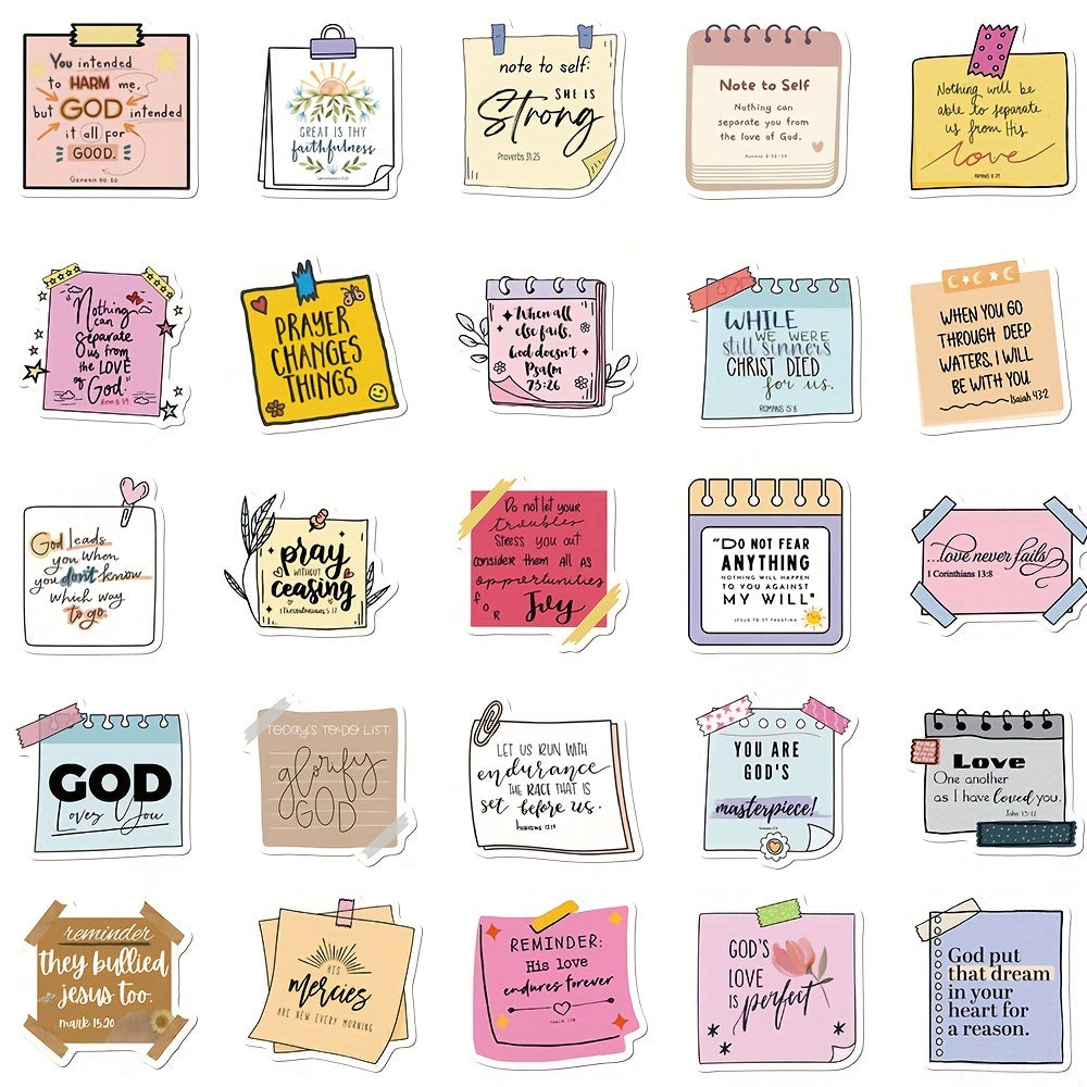 50pcs Bible Verse Sticky Notes – Waterproof PVC Self-Adhesive Christian Decals for Laptop, Notebook, Skateboard, and Luggage, Matte Finish, Irregular Shape, Single Use - Hiccupzz