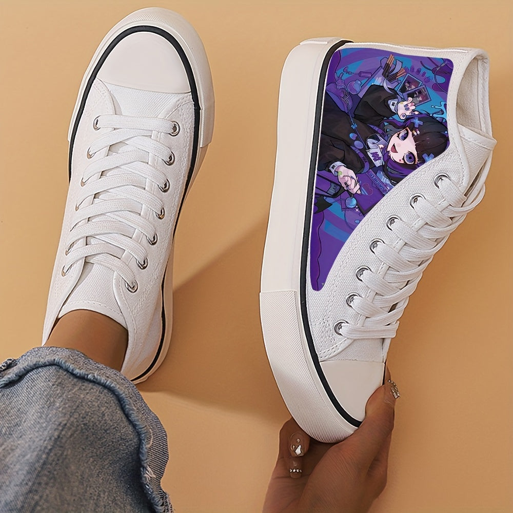 Women's Anime Beauty Print Shoes, Lace Up Comfy Platform Daily Skate Shoes, Lightweight High-top Canvas Shoes - Hiccupzz